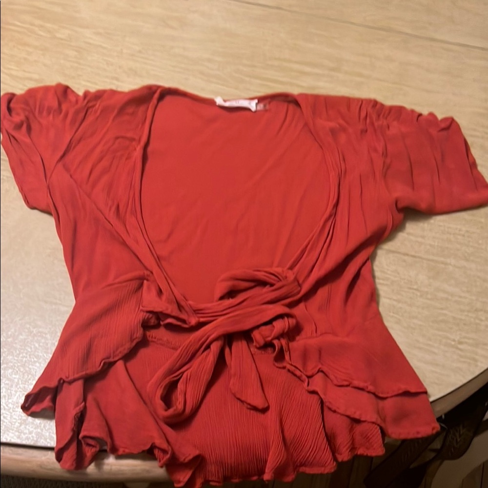Mustard Seed Orange Ruffled Tie Front Peplum Blouse